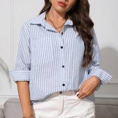 Shein Polyester Shirts Shein Plus Striped Print Pocket Patched Shirt