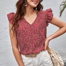 Shein Red Blouses Shein V-neck Allover Plants Print Top