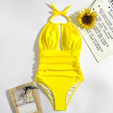 Women - Yellow Swimsuits Shein Ruched Halter One Piece Swimsuit