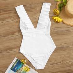 Shein White Swimsuits Shein Ruffle Trim Lace Up One Piece Swimsuit