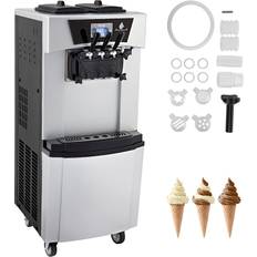 Ice Cream Makers VEVOR Commercial Ice Cream Machine 20-30L/H Yield 2 1 Flavors Soft Serve Machine 2450W Frozen Yogurt Maker with Two 7L Hoppers, Silver