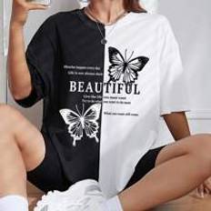 Shein Oberteile Shein Butterfly & Slogan Graphic Two Tone Drop Shoulder Tee