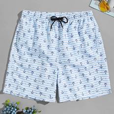 Shein White Swimming Trunks Shein Men Striped & Anchor Print Drawstring Swim Trunks