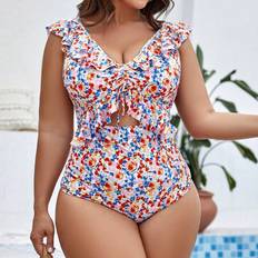 Shein Damen Badeanzüge Shein Plus Floral Print Ruffle Trim Drawstring Front One Piece Swimsuit