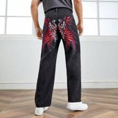 Shein Men - Straight Jeans Shein Men Cotton Embroidery Wings Pattern Straight Leg Jeans