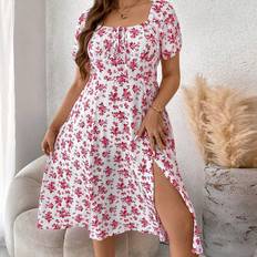 Ausgestellte Kleider - M Shein Plus Ditsy Floral Print Knot Front Split Thigh Dress