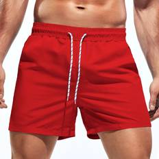 Men - Red Swimming Trunks Shein Men Solid Swim Trunks