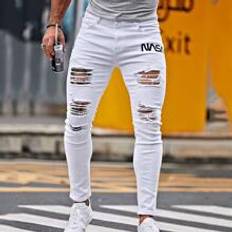 Shein Men - White Jeans Shein Men Cotton Letter Graphic Ripped Skinny Jeans