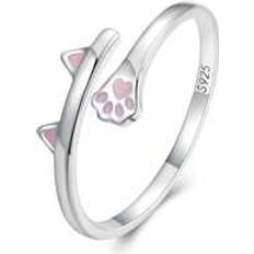 Schmuck Shein 1pc 925 Silver Pink Cat Ears and Paw Opening Ring Cute Pet Simple Adjustable Ring for Women Birthday Gift