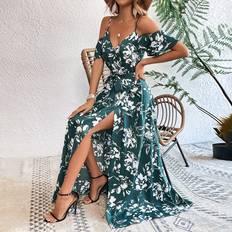 Shein Damen - W36 Bekleidung Shein Floral Print Cold Shoulder Wrap Hem Belted Dress