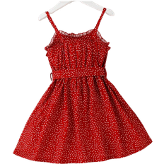 Festliche Kleider Shein Toddler Girl's Polka Dot Frill Trim Belted Cami Dress - Red