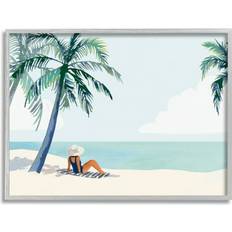 Stupell Industries Girl On Tropical Summer Beach Coastal Painting Gray Print Framed Art