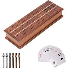 Shelves Deluxe 2-Track Wooden Cribbage Board Game Box with Playing Pegs