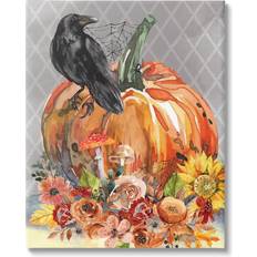 Stupell Industries Autumn Crow Pumpkin Botanicals On Canvas Graphic Framed Art 36x48"