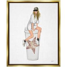 Stupell Industries Trendy Fashionable Girl Coffee Cup Beauty & Fashion Painting Gold Floater Print Framed Art 25x31"