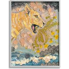 Stupell Industries Lion Yawning Daisy Flowers Cat Paint Collage Framed Art 24x30"