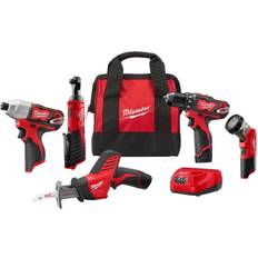 Set Milwaukee M12 12V Cordless Combo Kit 5-Tools: 2407-20 3/8 in. Drill/Driver 2462-20 1/4 in. Hex Impact Driver 2420-20 Hackzall Recip Saw 2457-20 3/8 in. Ratchet 49-24-0146 LED Worklight