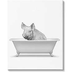 Stupell Industries Pig In Tub Bathroom Animal Canvas Grey Wall Decor 36x48"