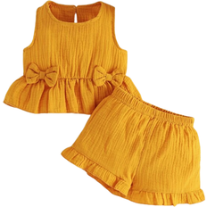 Gelb Sonstige Sets Shein Baby Bow Front Ruffle Hem Tank Top & Shorts - Mustard Yellow