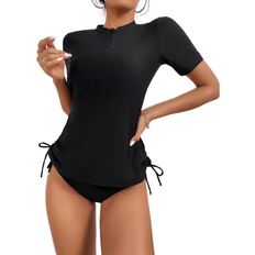 Shein Tankinis Shein Mono Tankini Set Zip Front Tie Side Short Sleeve Swim Shirt & Bikini Piece Swimsuit