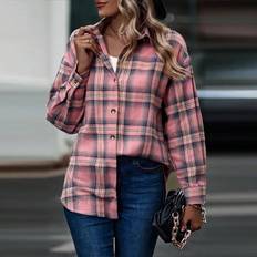 Shein Women Shirts Shein Plus Plaid Print Drop Shoulder Shirt