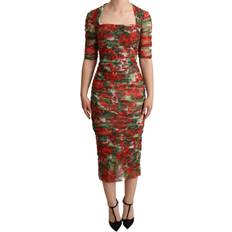 Dolce & Gabbana Red Floral Print Tulle Sheath Midi Women's Dress