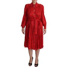 L - Men - Midi Dresses Dolce & Gabbana Red Button Down Belted Midi Satin Silk Women's Dress