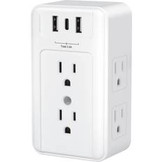 BN-LINK 3 Outlet Wall Mount Surge Protector Adapter with 3 USB Charging Ports 4.2A - White