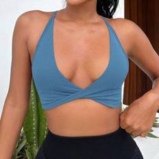 Shein Blue - Women Underwear Shein Solid/ Twist/ Backless/ Criss-cross Strap/ Seamless Sports Bra