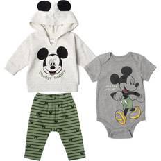 Disney Infant Mickey Mouse Fleece Pullover Hoodie Bodysuit & Pants Set 3-piece - Mickey Mouse Green/Gray/White