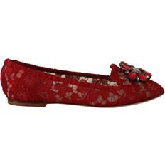 Dolce & Gabbana Women Ballerinas Dolce & Gabbana Red Lace Crystal Ballet Flats Loafers Shoes