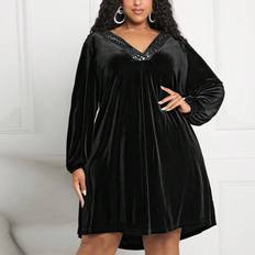 Knee Length Dresses - Velvet Shein Plus Detail Lantern Sleeve Velvet Dress