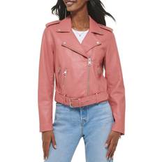 Belted Faux Leather Moto Jacket - Pink