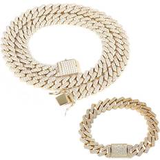 Jewelry Sets Iced Out Cuban Link Necklace & Bracelet Set 13mm Gold