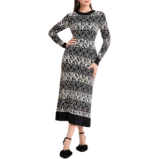 Shein Mulvari Allover Pattern Contrast Trim Sweater Dress - Black