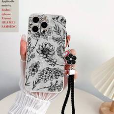 Shein Beige Straight Edge Shockproof Protective Phone Case With Printed Five-petal Flowers And A Rope For Iphone 15 Pro Max/13/14/iphone 11/12/xs/xr/7/8/se2