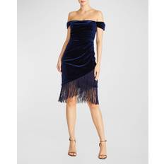 Evening Gowns - Velvet Dresses Melissa Off-Shoulder Fringe Velvet Midi Dress NAVY