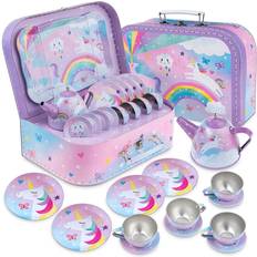 Unicorns Role Playing Toys Jewelkeeper 15 Piece Kids Pretend Toy Tin Tea Set & Carrying Case Cotton Candy Unicorn Design Girls