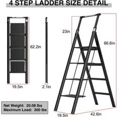 Step Stools Kahomvis 4-Step Retractable Handgrip Folding Aluminum Step Stool Ladder with Anti-Slip Wide Pedal,300 lb. Household Ladder Black