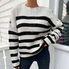 Shein Striped Pattern Button Detail Drop Shoulder Sweater