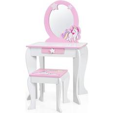 Costway Kids Wooden Makeup Dressing Table and Chair Set with Mirror Drawer-White