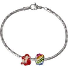 Jewelry Disney Princess Ariel The Little Mermaid Charm Bracelet, Sterling Silver Beads On Stainless Steel 7.25" Snake Chain Bracelet