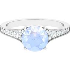 Gray - Solitaire Rings Rosec Jewels Moonstone Solitaire Ring with Diamond 8 mm Engagement Ring 925 Sterling Silver 10.50