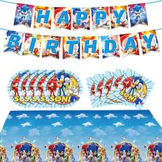 42Pcs Blue Hedgehog Party Supplies Plates Napkins Banner Table Cover Tablecloth for Boys Birthday Party Decoration Favor