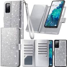 Varikke Samsung S20 FE Case Wallet, Case for Samsung S20 FE 5G with 9 Card Holders & Magnetic Detachable Cover & Kickstand & Lanyard Strap Glitter PU Leather Folio Flip Case for Galaxy S20 FE, Silver