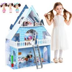 Dolls & Doll Houses on sale Costway Wooden Dollhouse 3-Story Pretend Playset with Furniture and Doll Gift for Age 3 Year