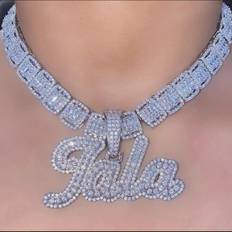 SZLGPJ Custom Cursive Letters Pendant Name Necklace Baguette Chain Personalized Hip hop Jewelry Silver