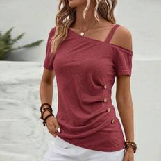 Shein Red Clothing Shein Asymmetrical Neck Button Detail Tee