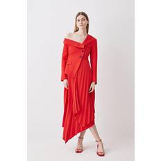 Karen Millen Petite TailoCrepe Asymmetric Pleated Midi Dress Red