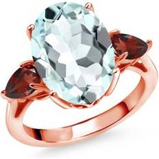 Gray - Solitaire Rings Gem Stone King Gem Stone King 6.68 Ct Sky Blue Simulated Aquamarine Red Garnet 18K Rose Gold Plated Silver 3-Stone Engagement Ring